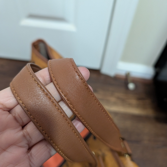 MCM Cognac Logo-Print Limited Ed Tote with Coral Stripe - Picture 6 of 8